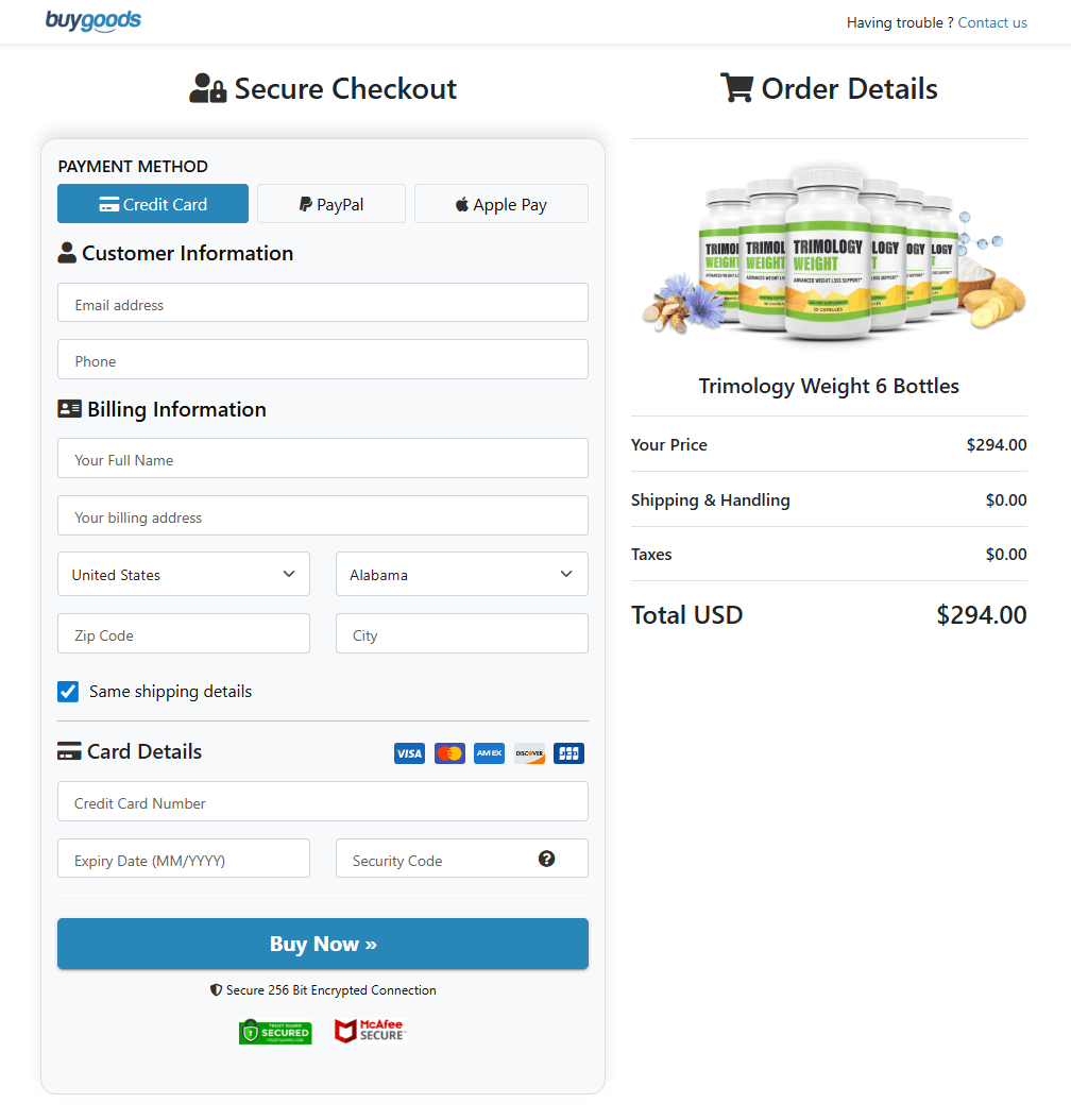 Trimology Weight order checkout page